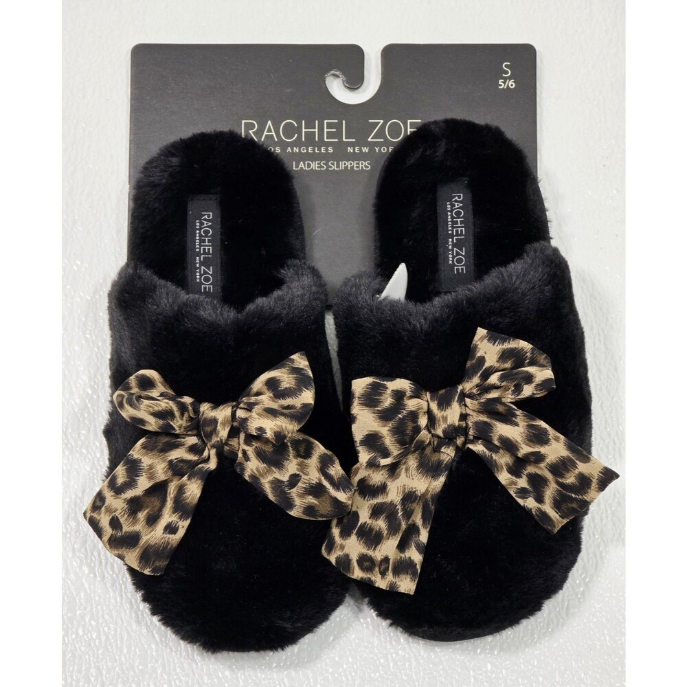 Rachel Zoe Black Clog Slip On Faux Fur Slippers With Bow Small 5/6 Women’s NEW!
